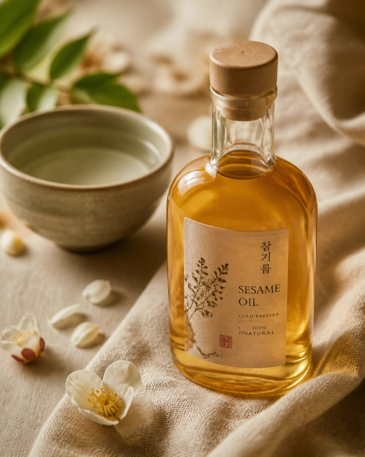 A sophisticated close-up of a glass bottle containing golden sesame oil, resting on a textured linen cloth with soft lighting.