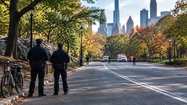 A respectful, non-graphic view of an NYPD investigation near Central Park’s East Drive, with officers and emergency vehicles in the distance