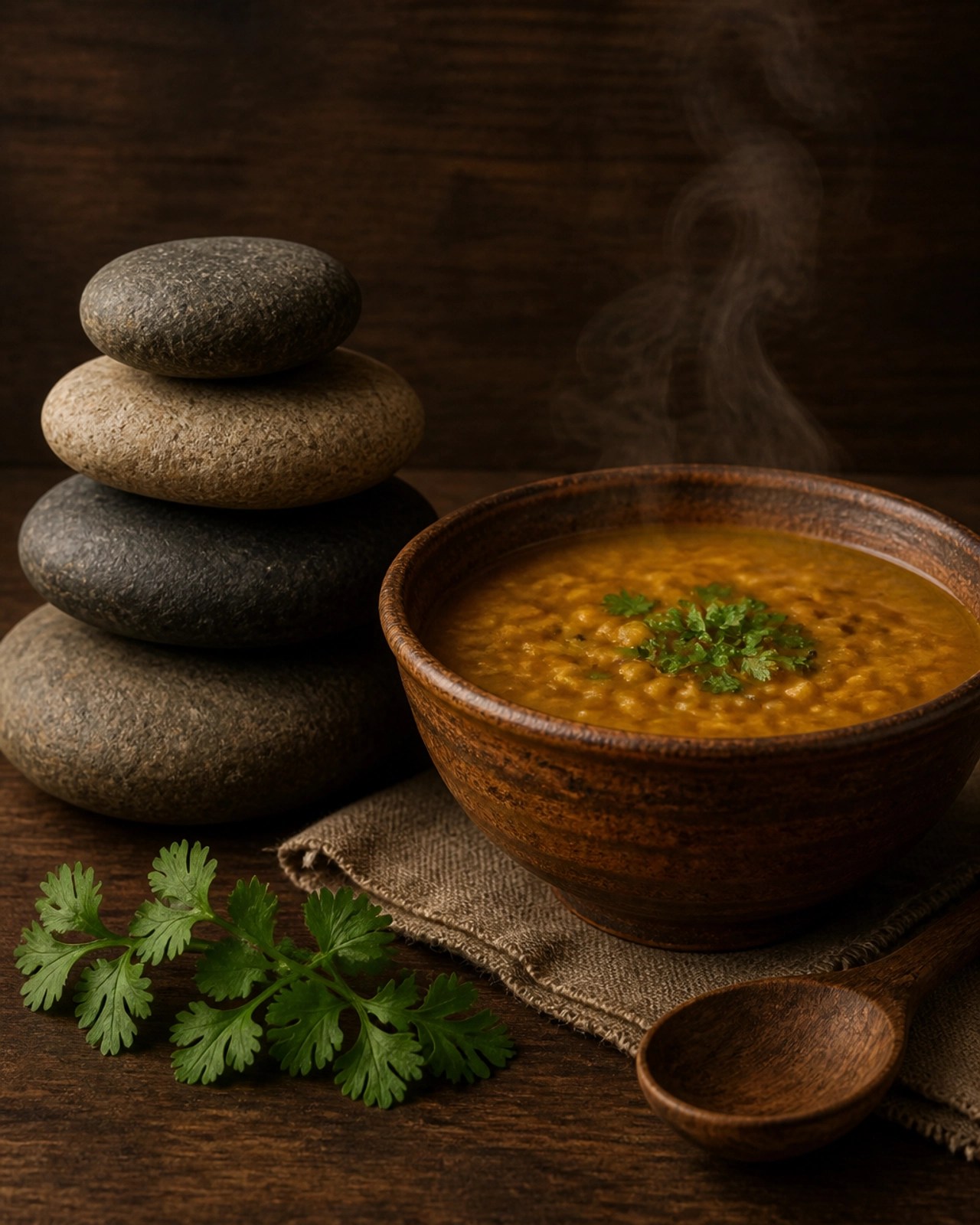 A grounded composition of stacked river stones and a bowl of warm lentil soup, reflecting the stable and nourishing nature of the Kapha dosha.