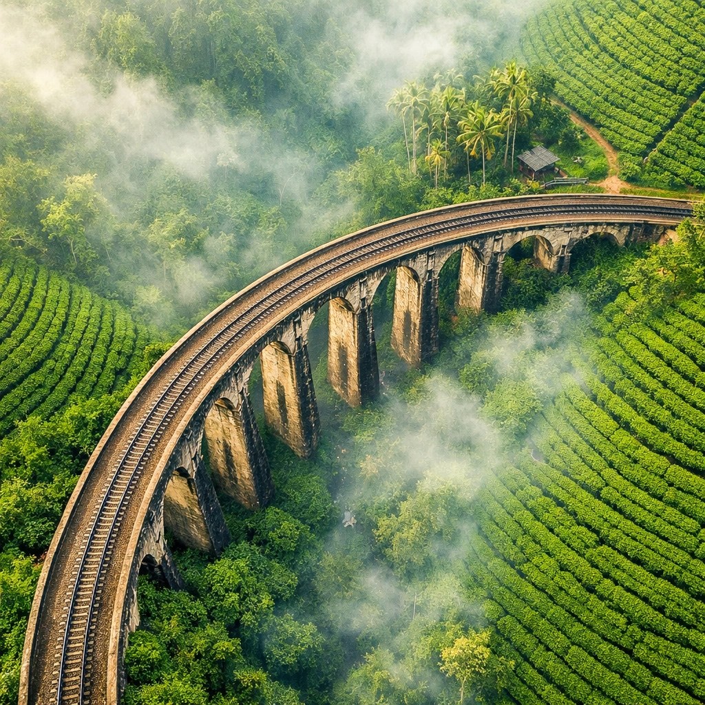 The Nine Arch Bridge in Sri Lanka surrounded by tea fields, ideal for authentic cultural experiences travel.