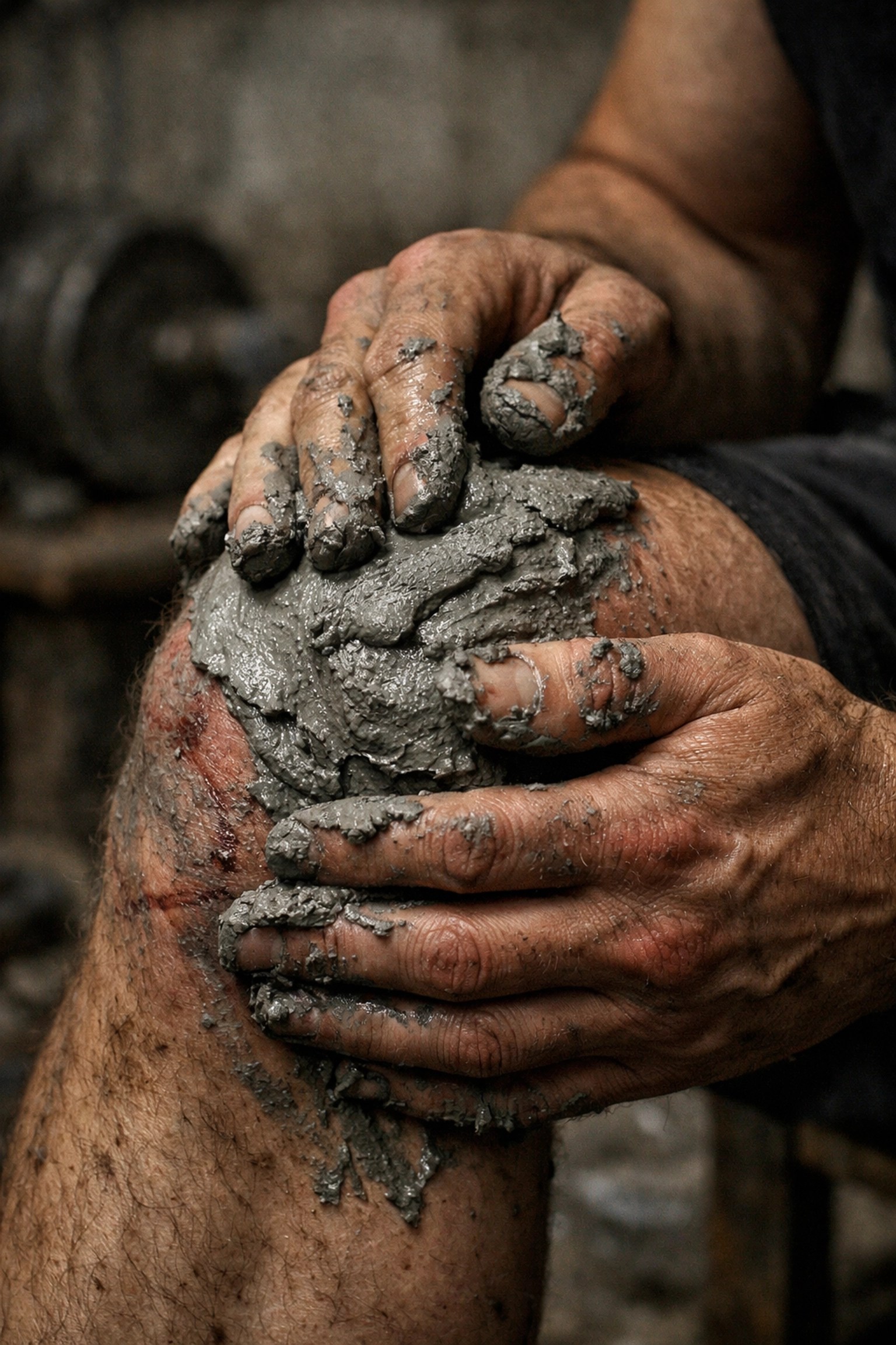 Applying natural mineral clay to a knee injury to promote healing and reduce inflammation for sports recovery.