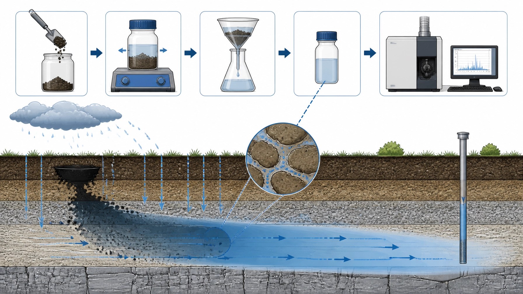 A technical diagram showing the Synthetic Precipitation Leaching Procedure (SPLP) process for soil migration to groundwater analysis