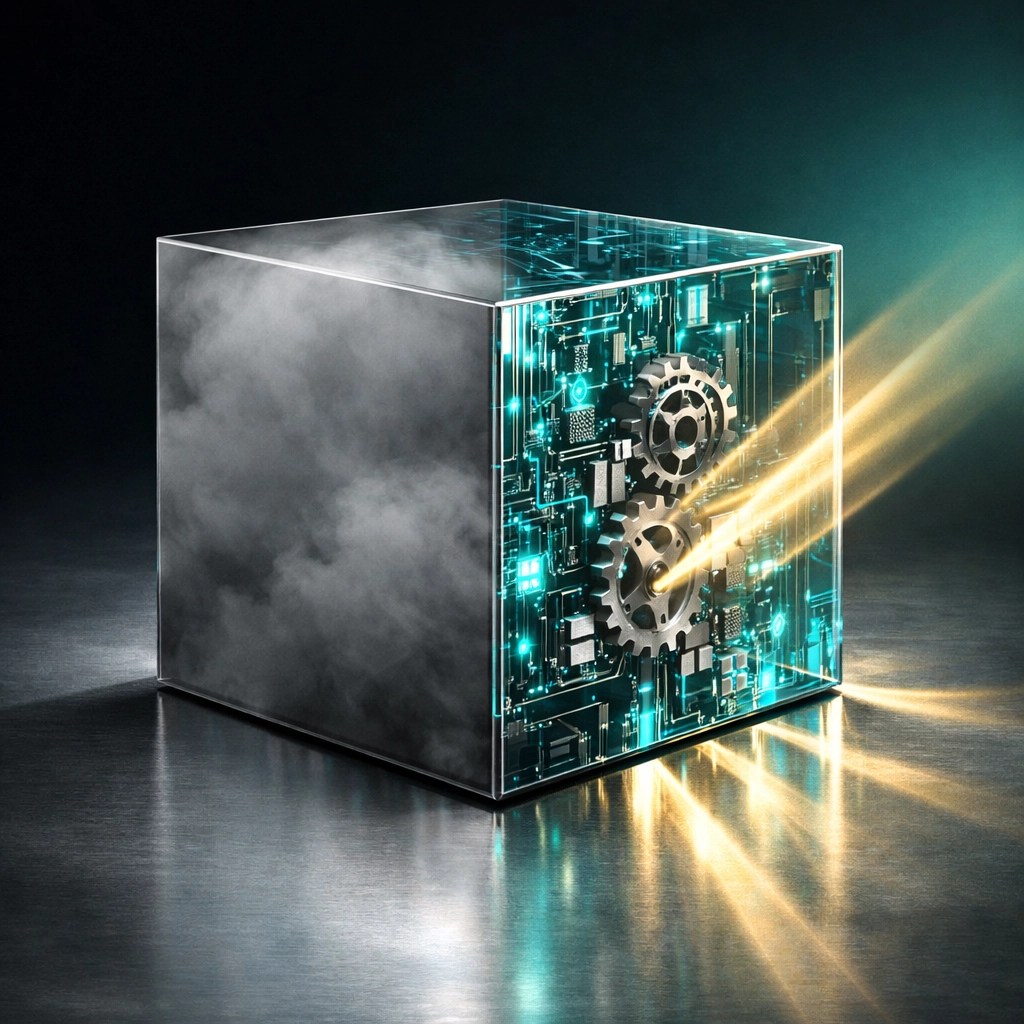 Glass cube illustrating technical transparency and the transition from opaque legacy data systems.