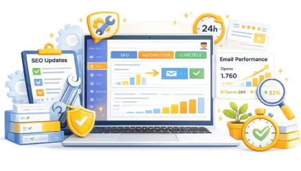 A laptop screen displaying analytics dashboards for SEO updates, email performance reports, and automation workflows.
