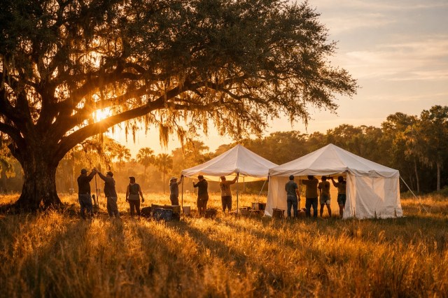 Volunteers setting up event tents at a Florida range to support the memorial foundation mission.