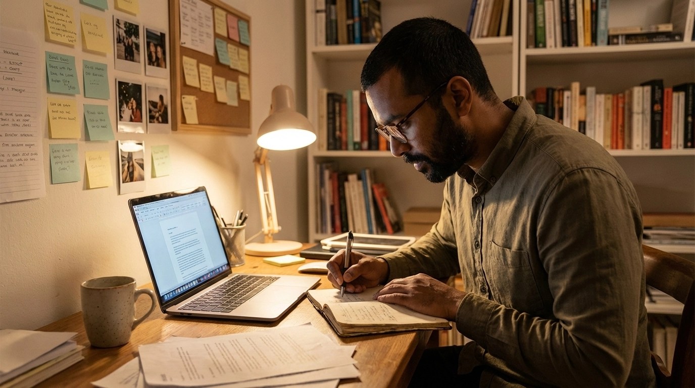 Brown-skinned male writer working at a desk in the evening