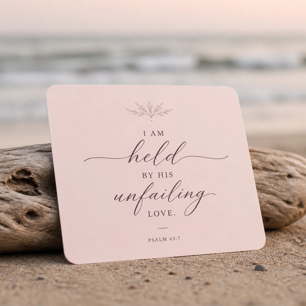 A faith-based affirmation card resting against driftwood, reminding the reader of their identity in God.