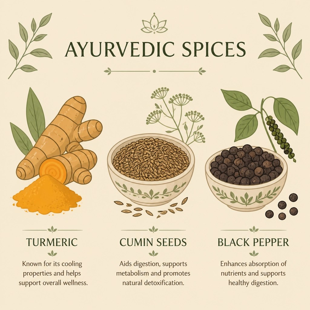 Ilustración de especias ayurvédicas para equilibrar la digestión