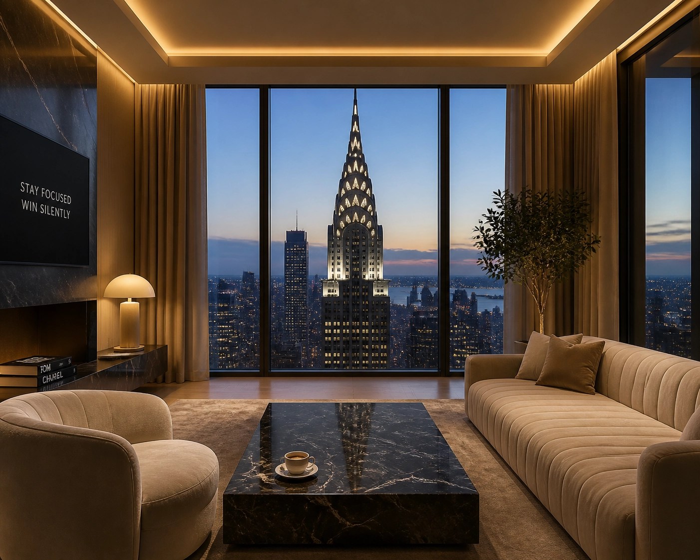 Luxury NYC hotel suite interior with plush furniture and a scenic view of the Chrysler Building in Manhattan.