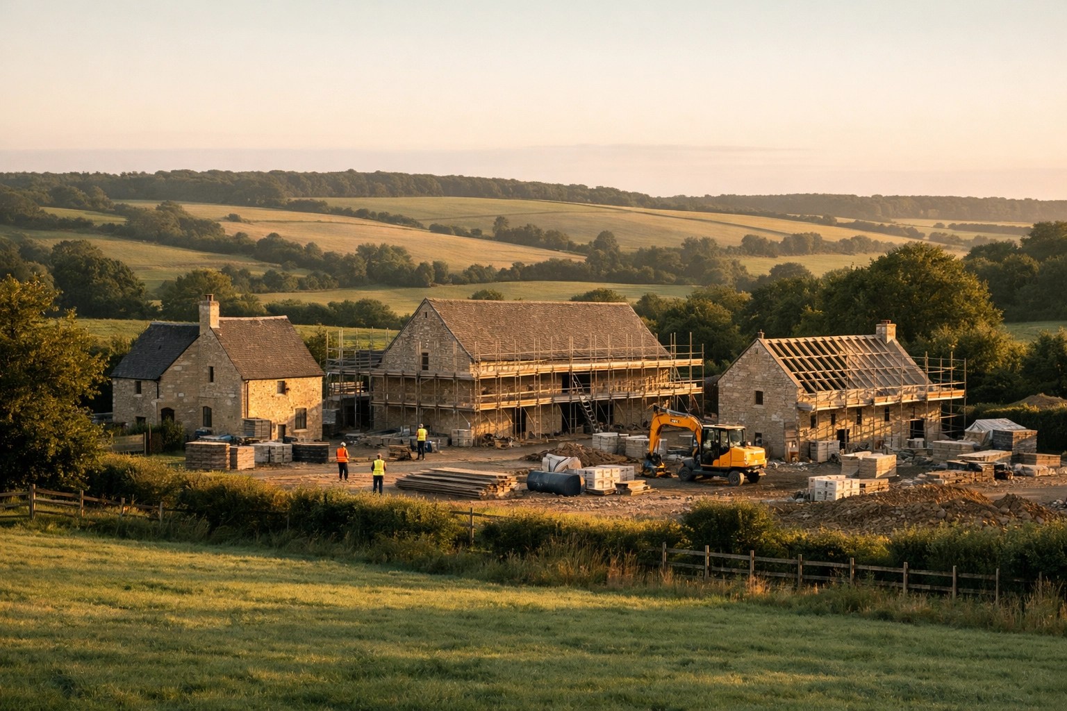 Wiltshire construction site with workers in hi-vis renovating traditional stone buildings
