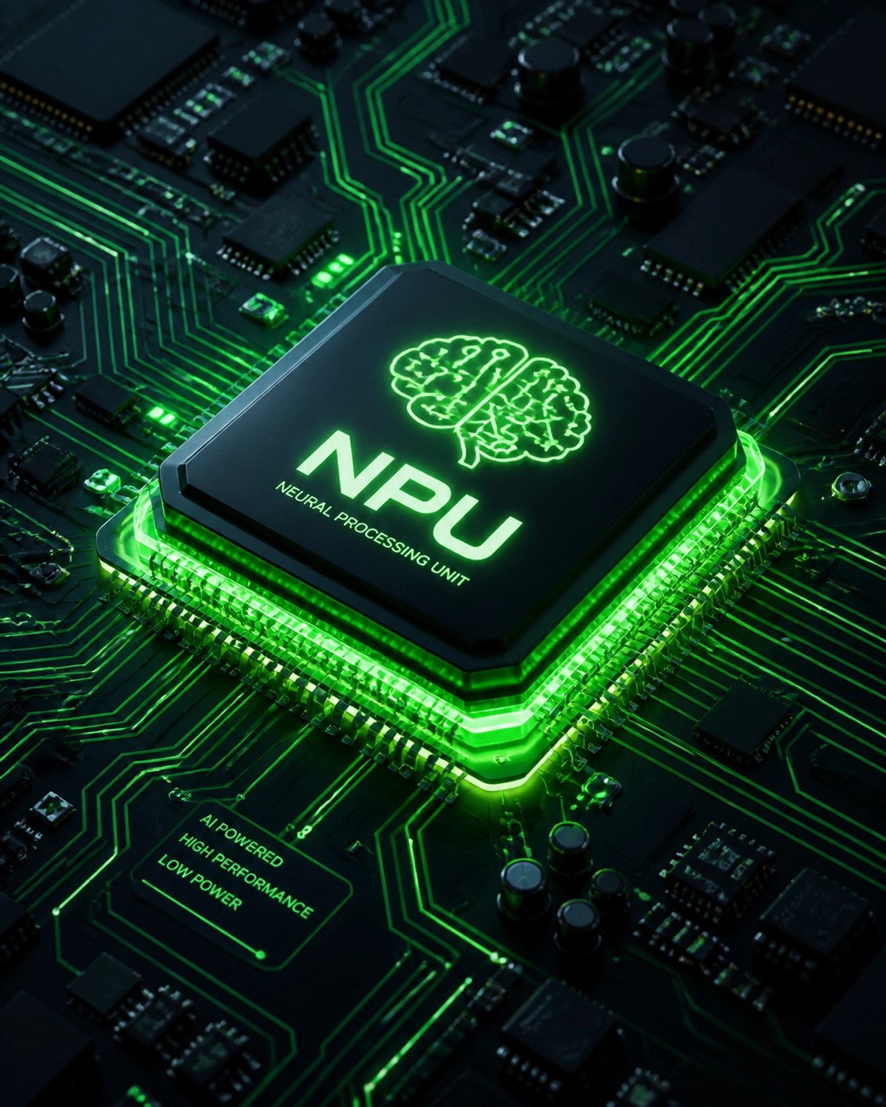 Neural processing unit glowing with green energy