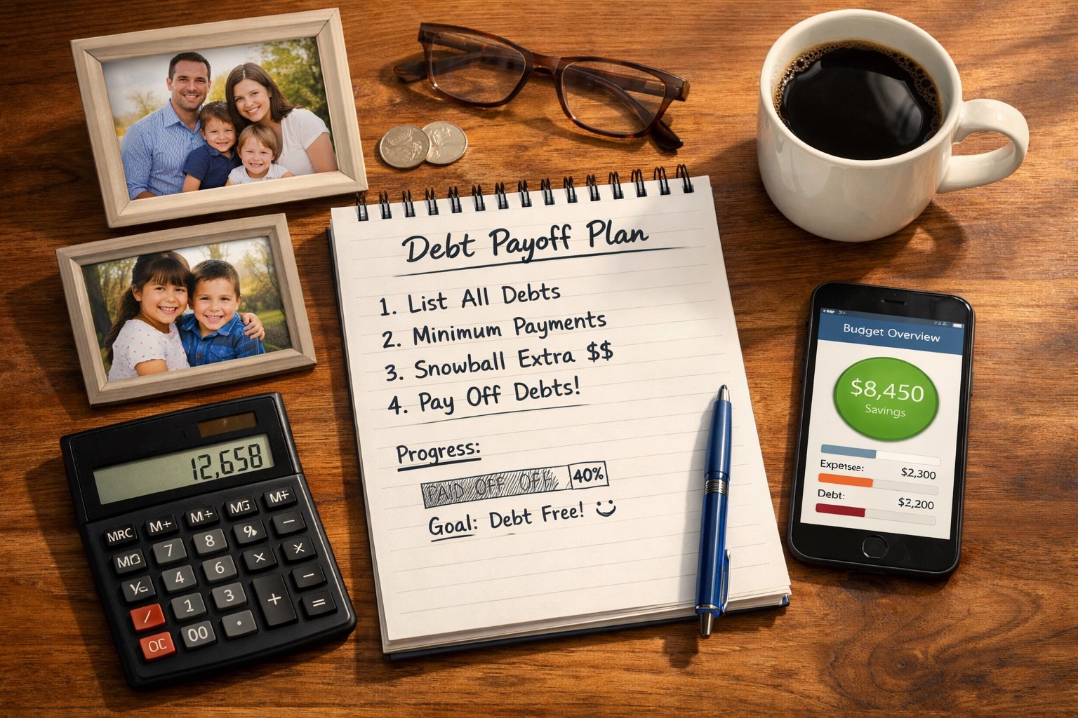 Financial planning workspace showing debt payoff strategy and life insurance documents