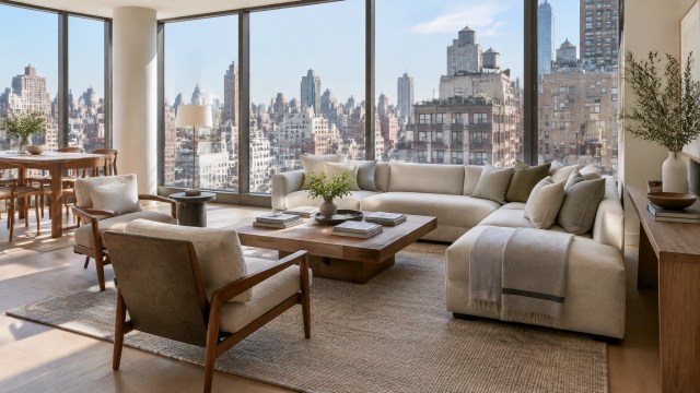 Manhattan condominium living room with city rooftops visible through large windows