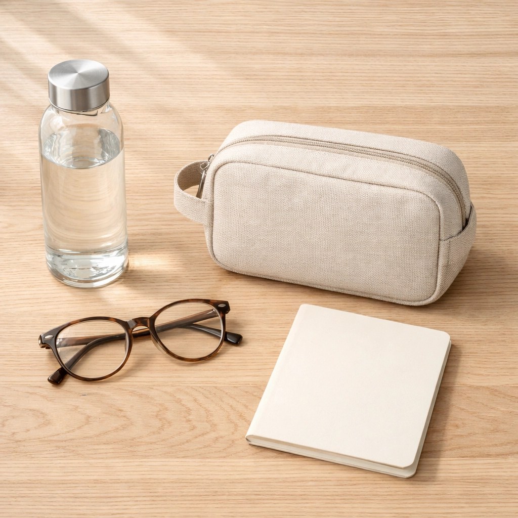 Organized medical travel essentials including water and a notebook for a non-emergency medical trip.