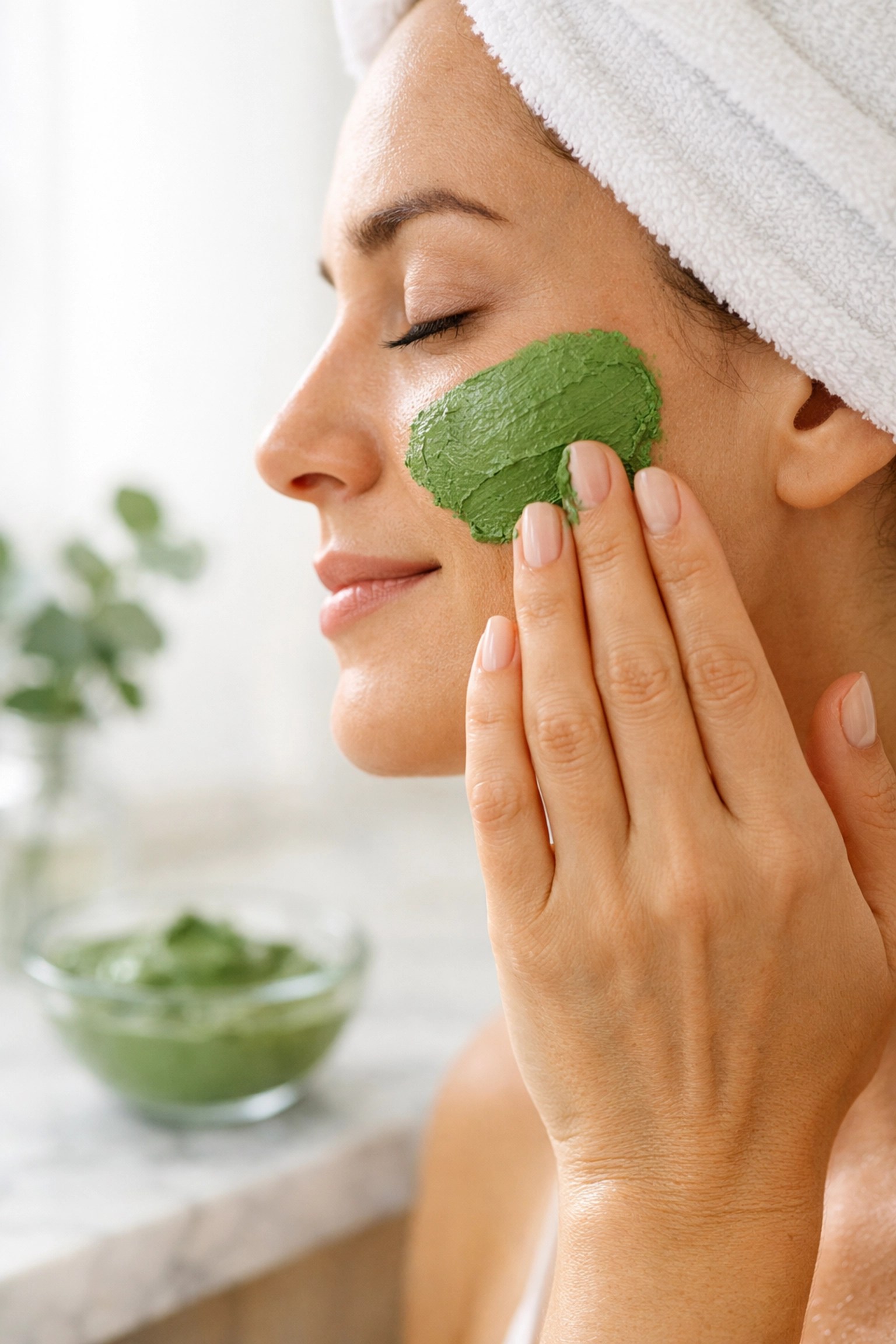 Person applying a thin layer of Clayer #1 green clay face mask as part of a natural skin detox ritual.