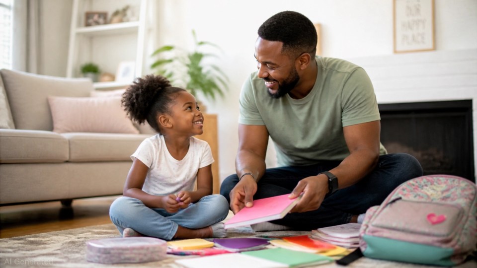A black parent and child sorting through school supplies together happily