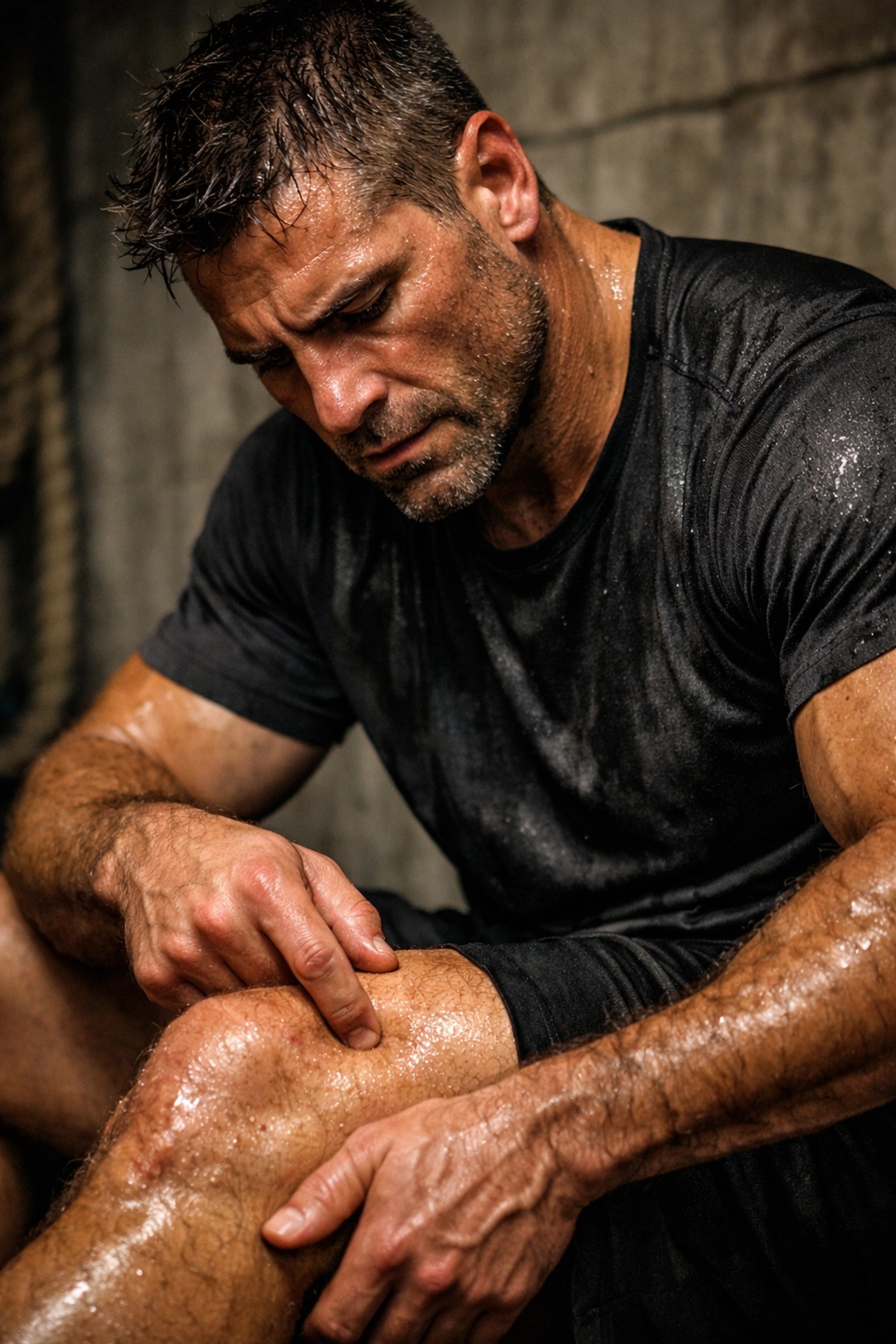 Athlete assessing leg muscle soreness and tension after an intense sports training session.