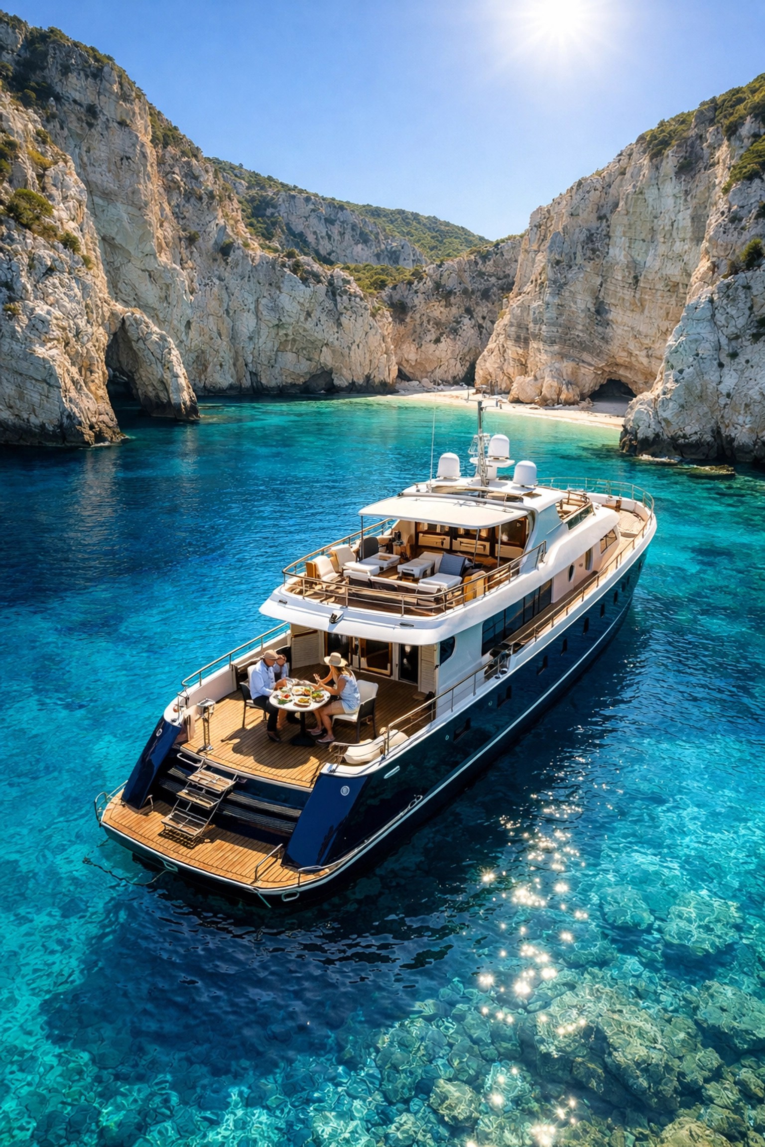 Luxury yacht anchored in secluded Greek island cove for extended Mediterranean cruise stay