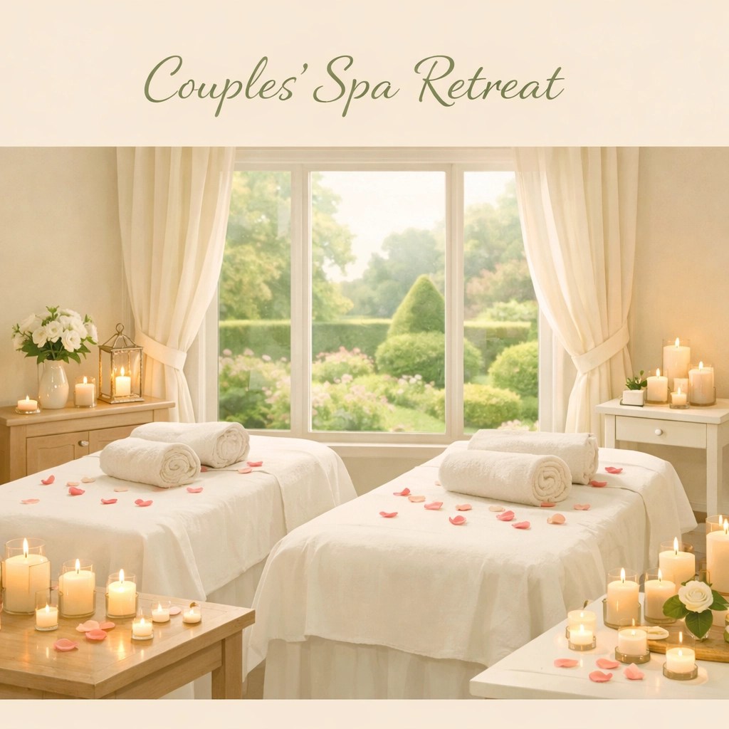 Luxury couples spa treatment room with massage tables and candles for Kent minimoon relaxation