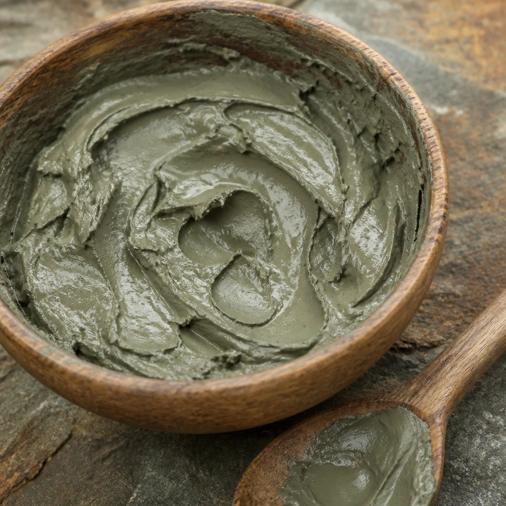 A close-up of raw, wet French green clay showing its mineral-rich, creamy texture.
