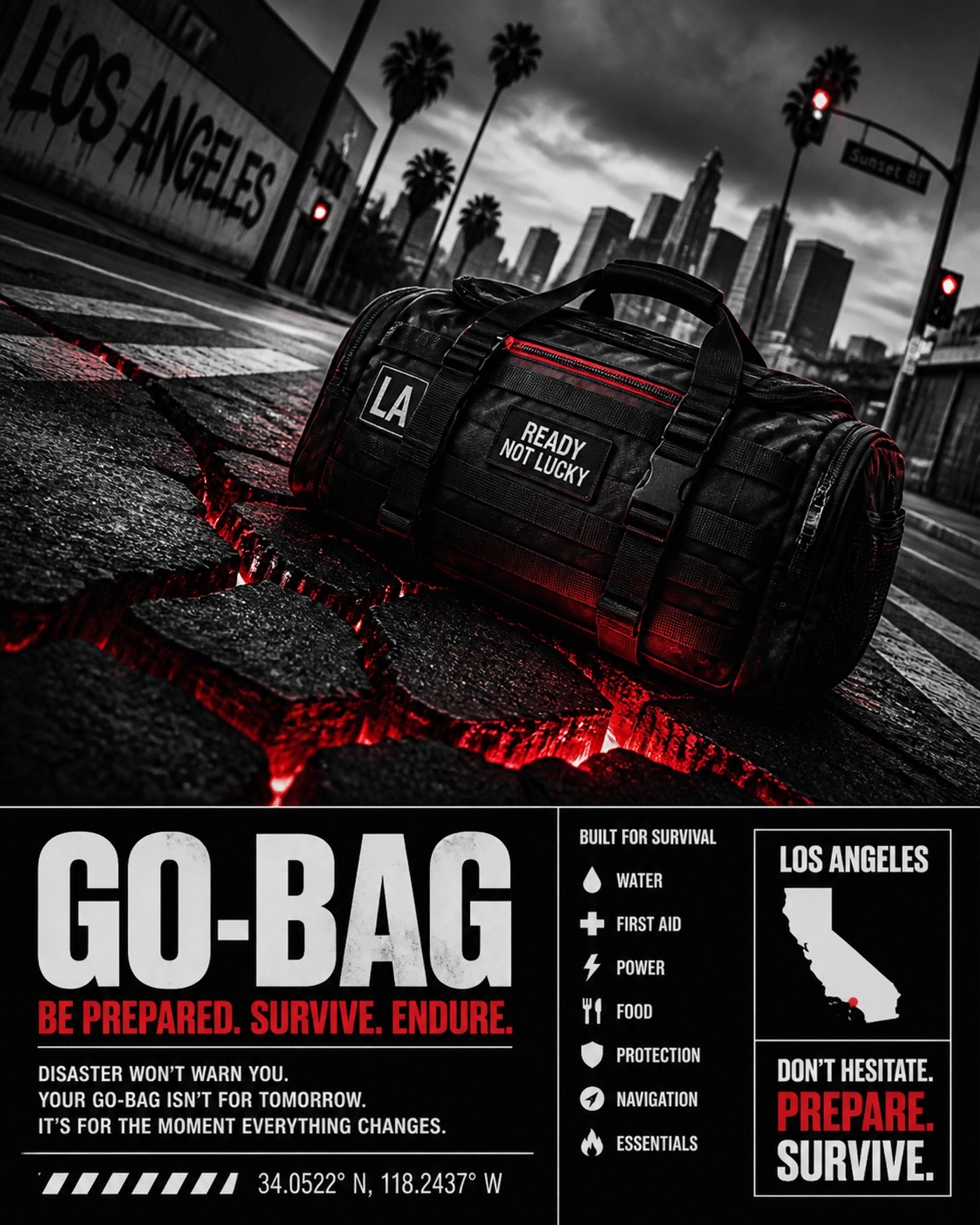 An emergency go-bag on a cracked street illustrating earthquake preparedness and safety in Los Angeles neighborhoods.