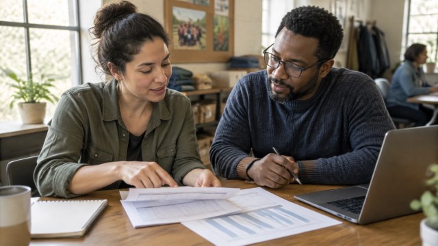 Two nonprofit team members review a volunteer hours report together at a community center.