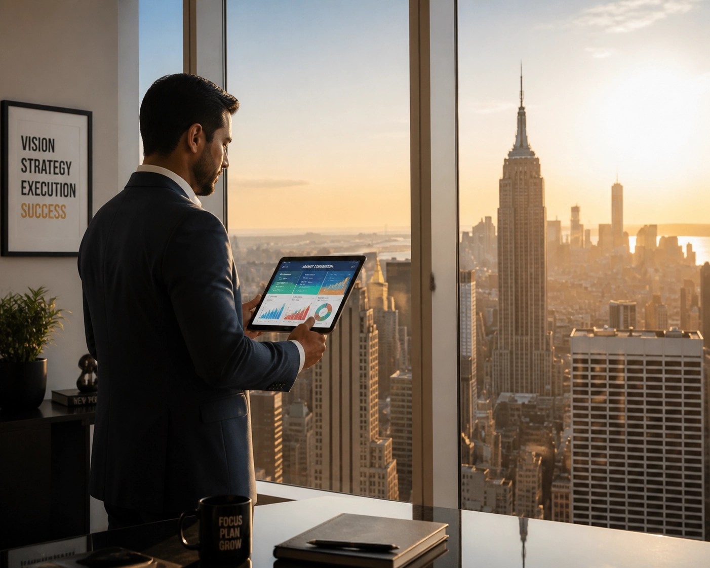 NY business owner comparing group health insurance plan options on a tablet in a Manhattan office.