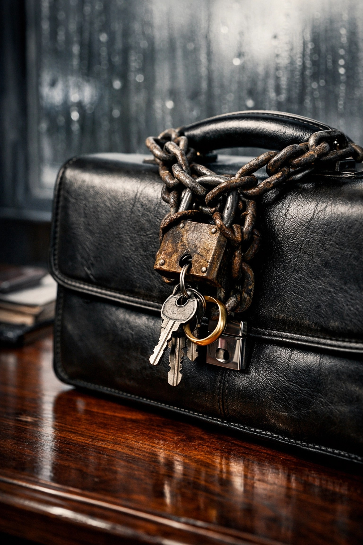 A briefcase chained to house keys representing the personal guarantee trap in business funding.