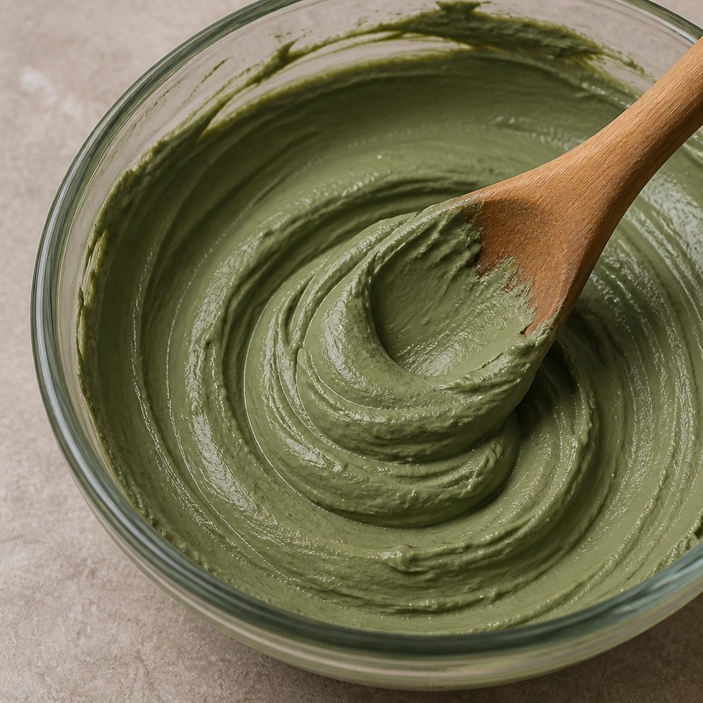 Wooden spoon stirring green clay