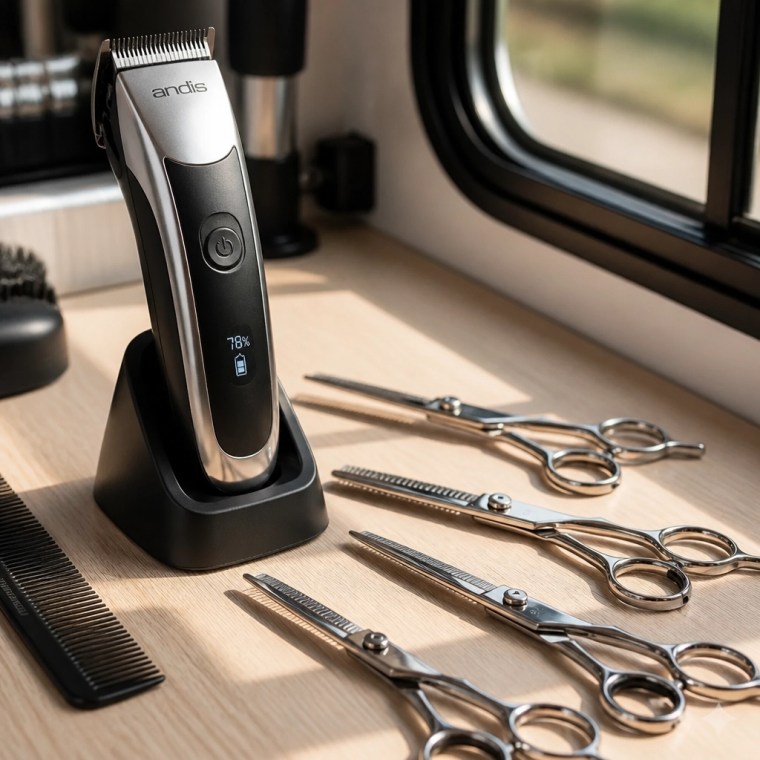 Close-up of premium, ergonomic grooming clippers and shears on a light wood surface.