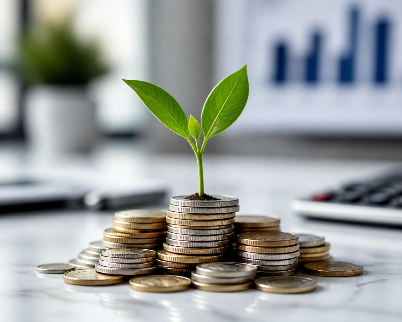 A green sprout growing from coins symbolizing small business savings through health care tax credits.