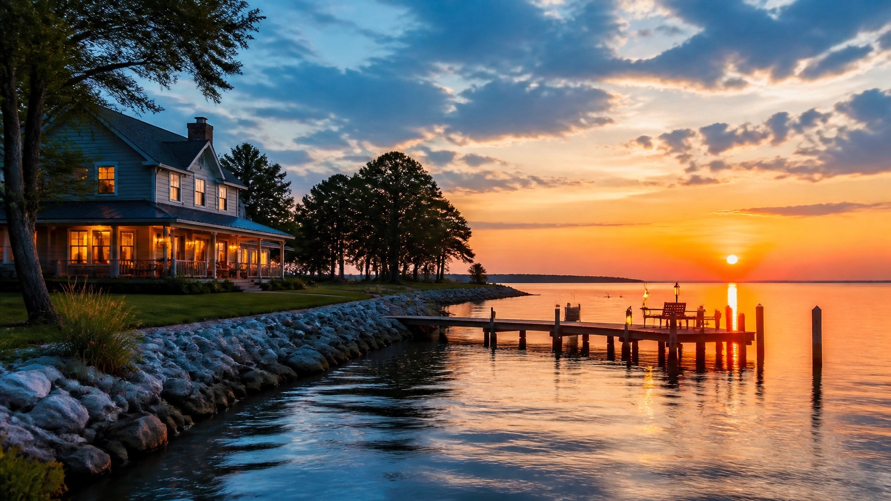 A beautiful sunset view of the Maryland Eastern Shore with a waterfront property