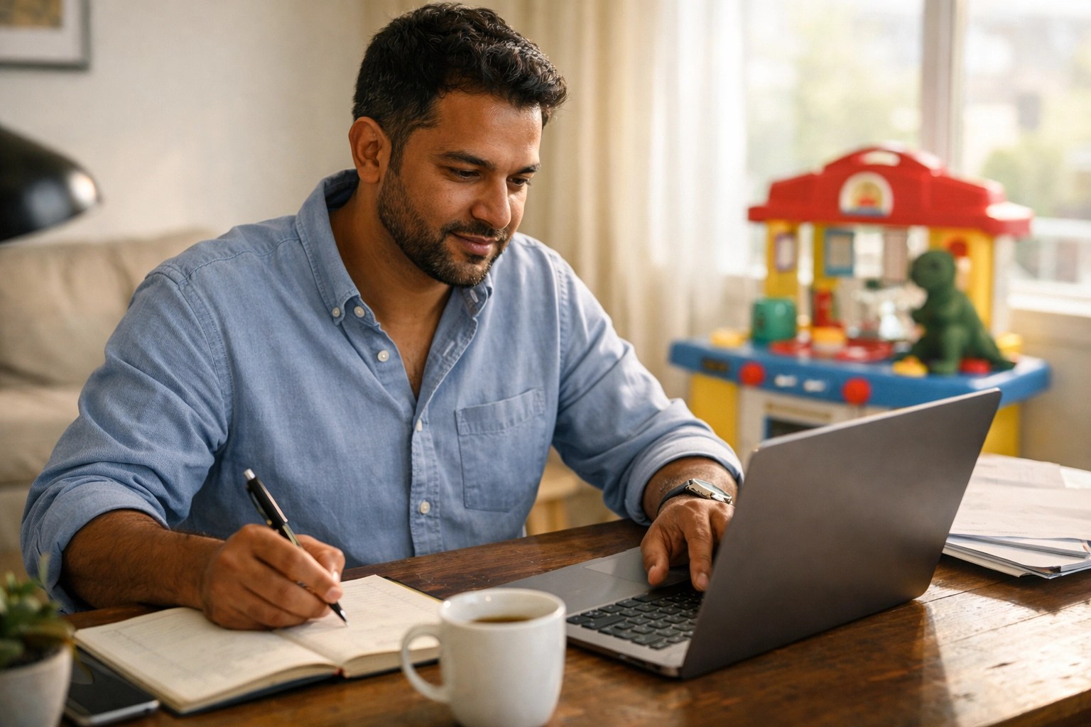 Busy entrepreneur dad writing at a home office desk with a laptop and notebook