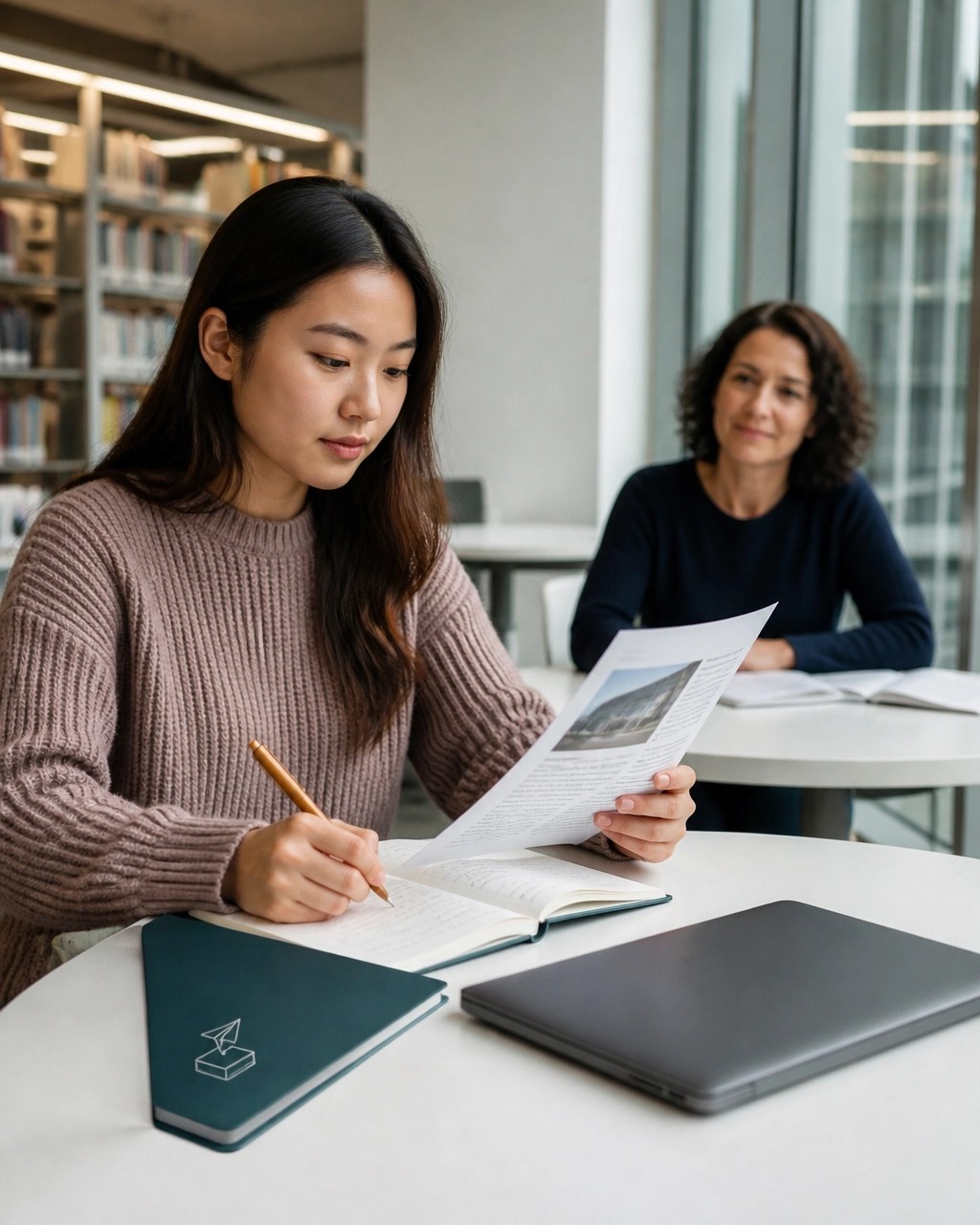 A college student preparing thoughtful questions in a notebook before meeting a professional mentor