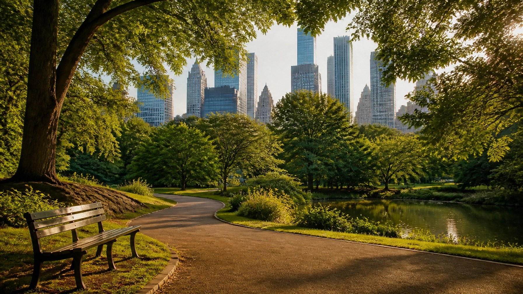 Quiet Central Park path surrounded by lush summer greenery and the Manhattan skyline