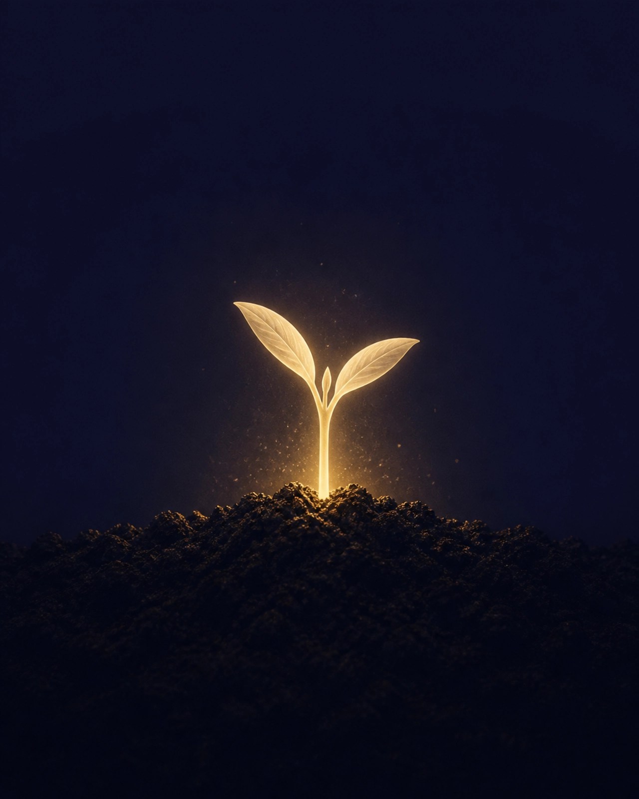 A minimalist silhouette of a small seedling glowing with golden light, representing a new thing springing forth