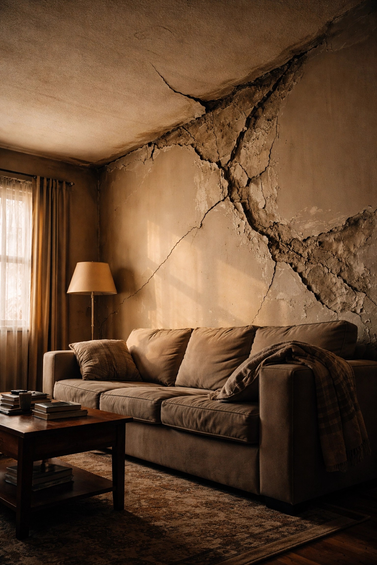 Damaged living room interior showing cracks and sagging ceiling from poor construction quality