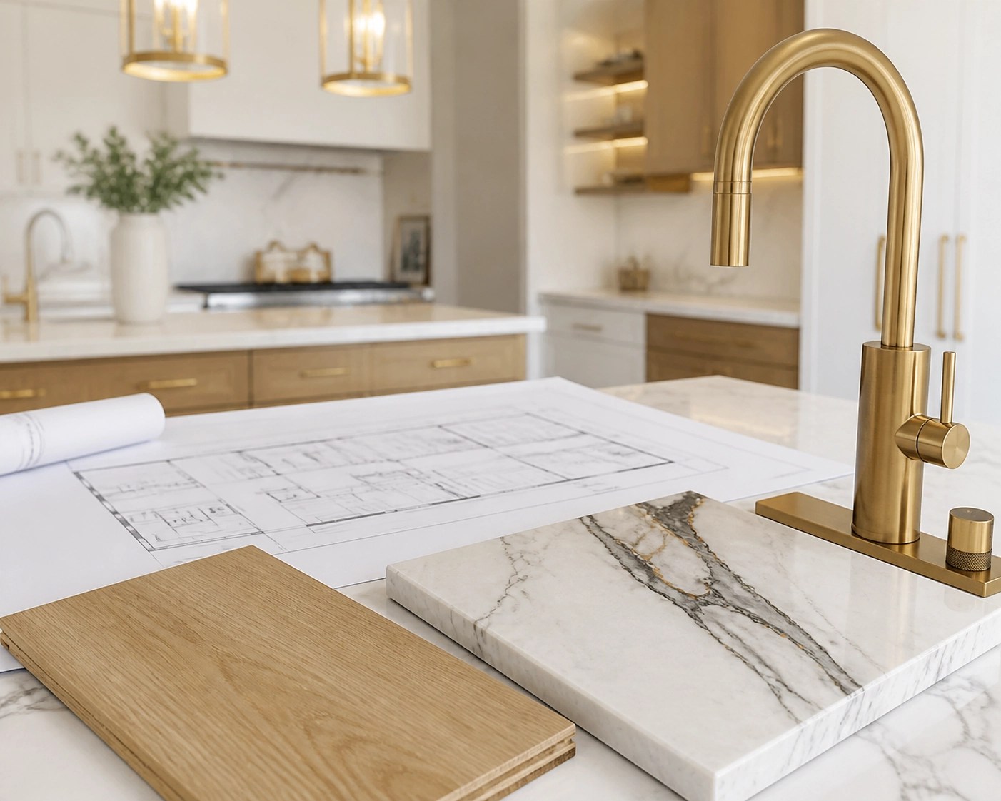 Architectural blueprints and luxury materials for a kitchen remodel emphasizing quality craftsmanship construction.