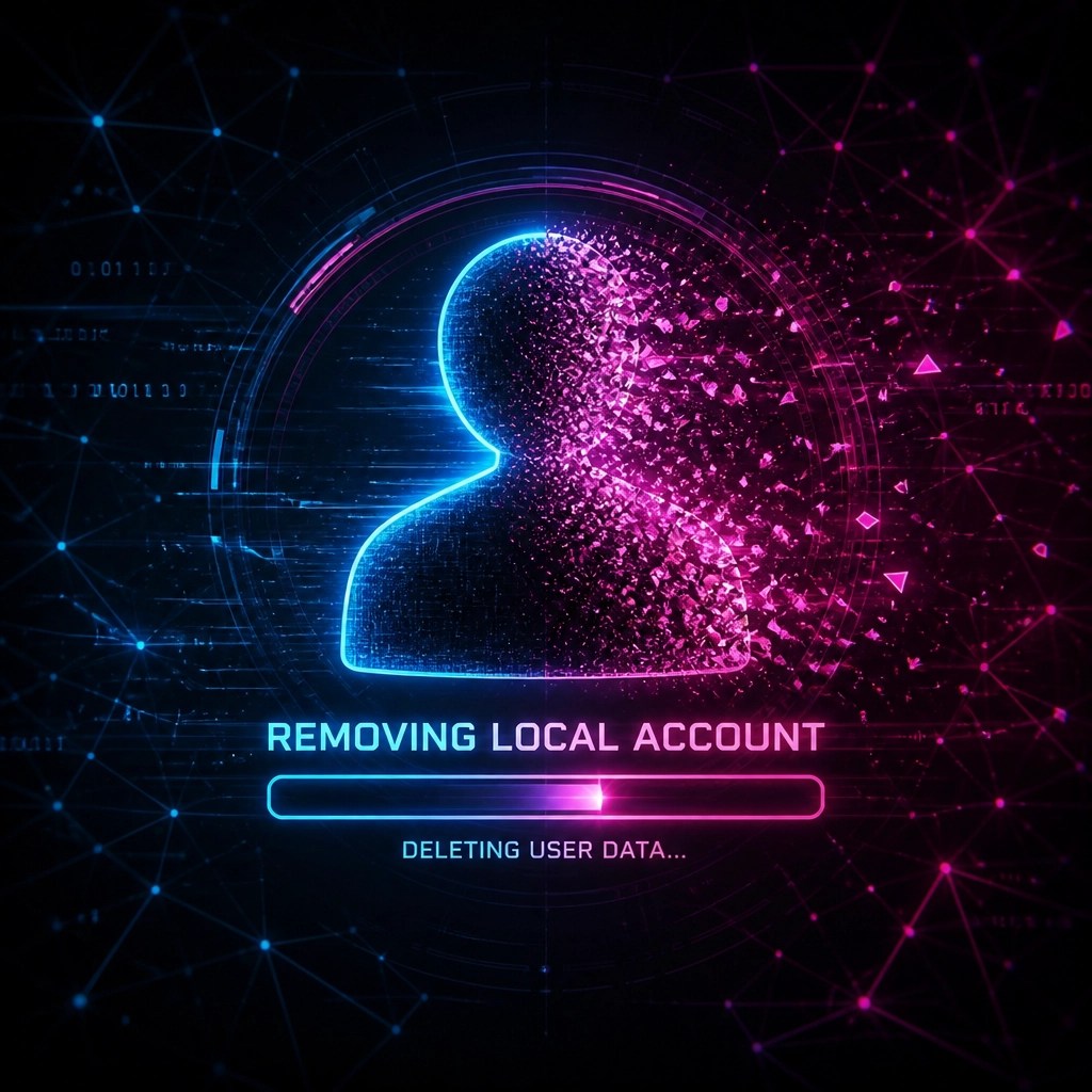 A ghost silhouette of a user account being dissolved in a neon digital landscape