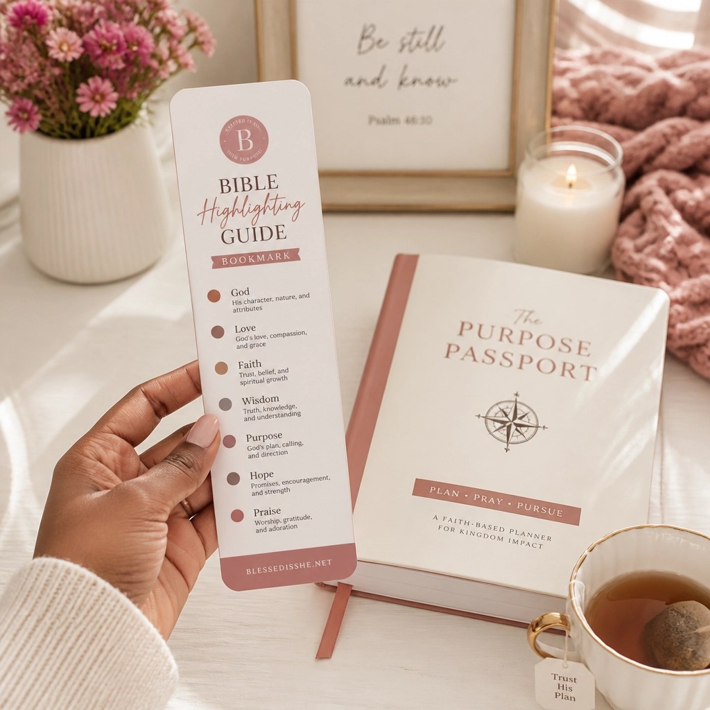A woman's hand holding a Bible Highlighting Guide Bookmark