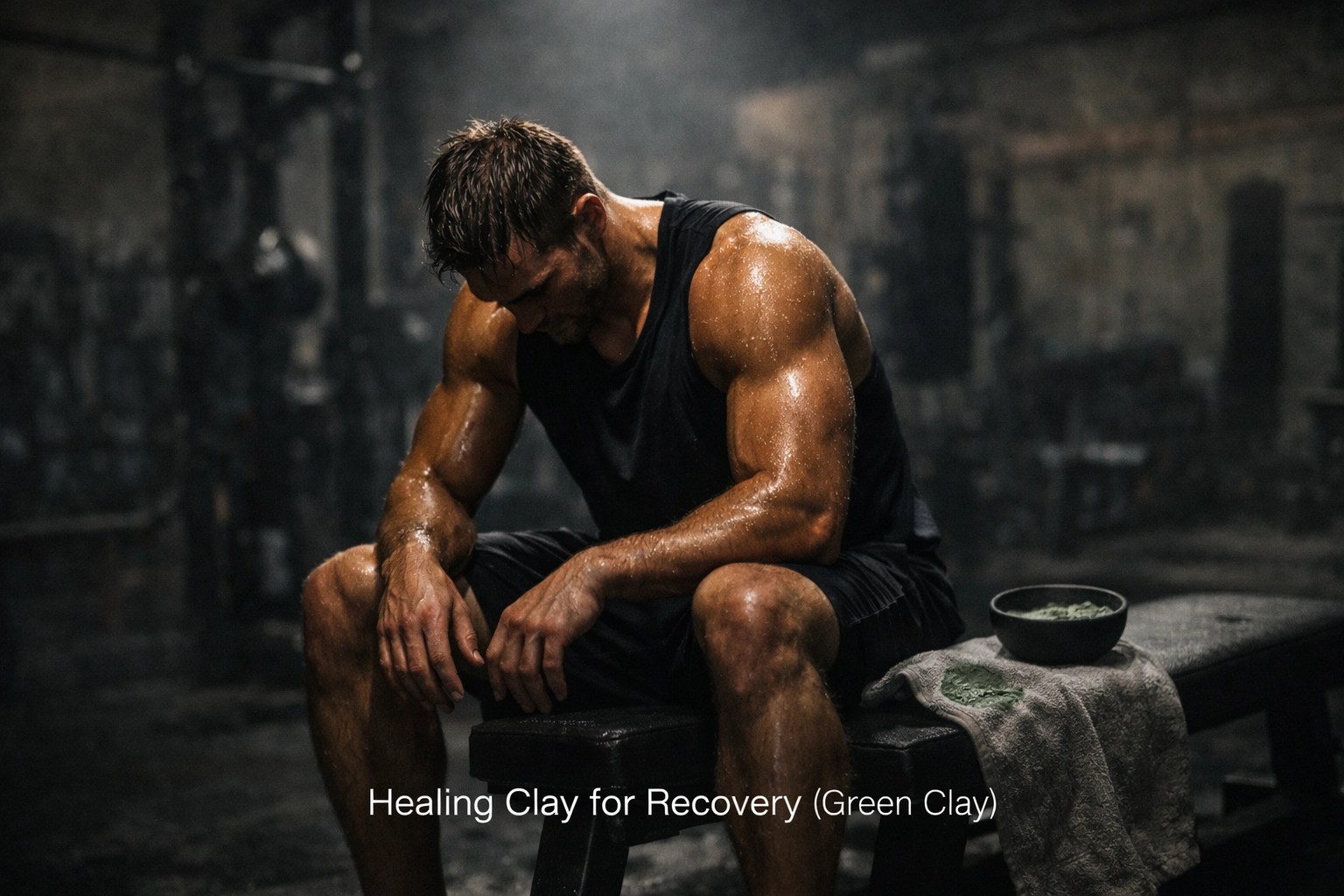 Exhausted professional athlete in a gym using green clay and healing clay recovery methods (Clayer-style).