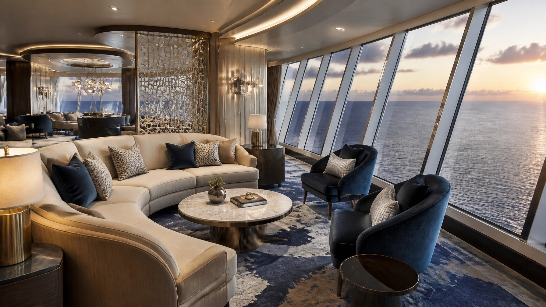 Upscale cruise ship lounge area with designer seating and panoramic windows