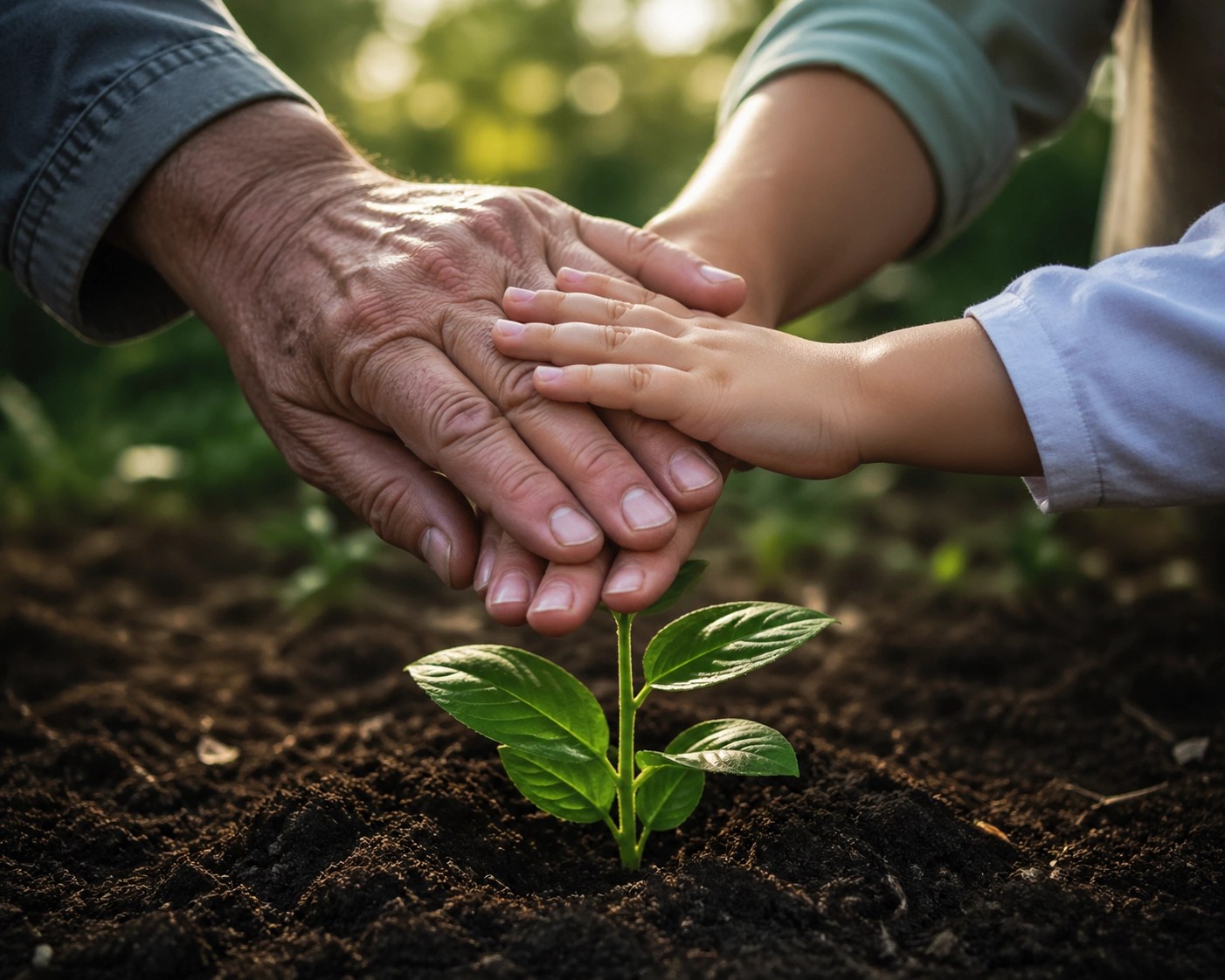 Grandfather, daughter, and child planting a tree to represent generational legacy and family protection.