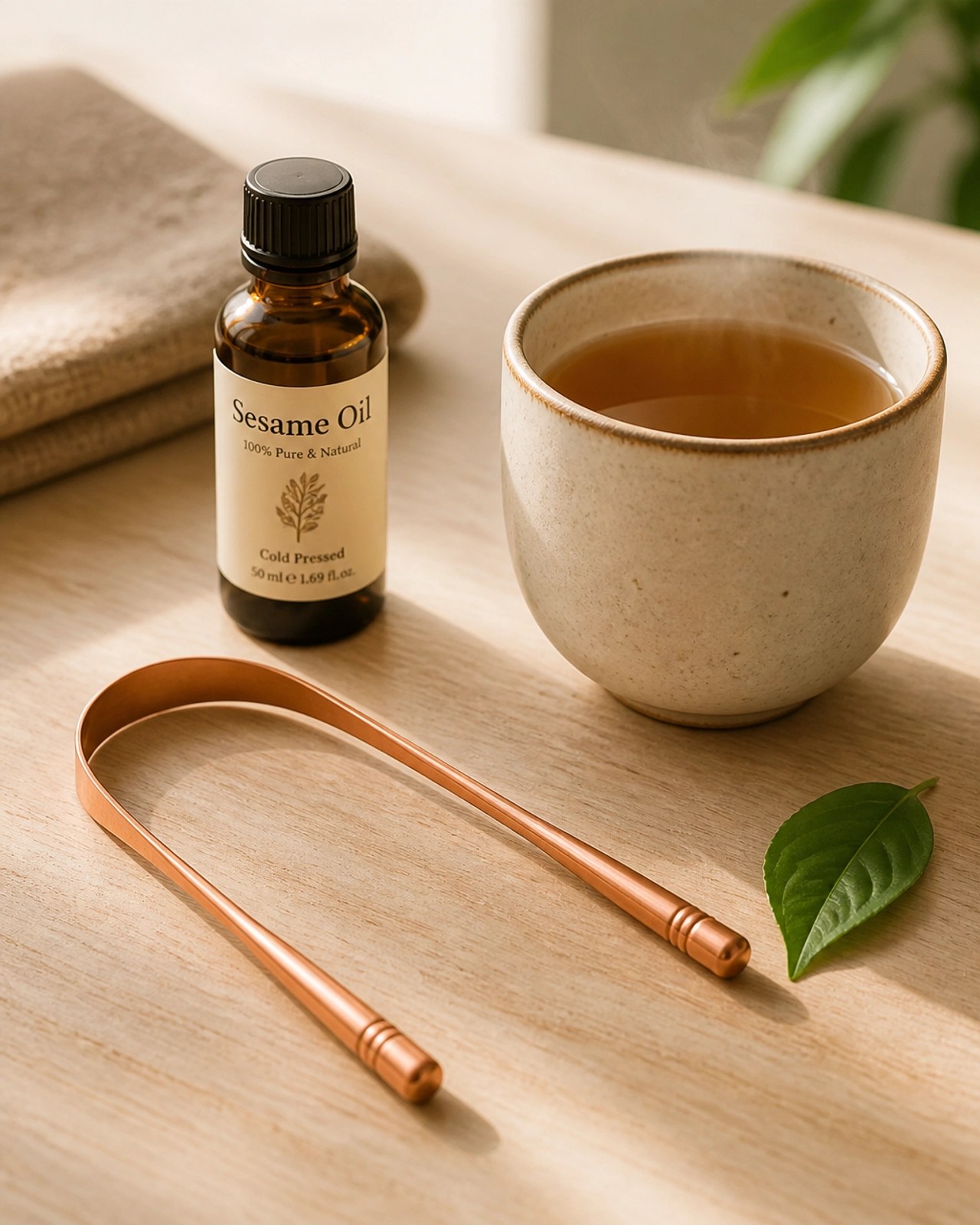 A beautifully arranged morning routine scene on a light wood surface, featuring a copper tongue scraper and sesame oil.