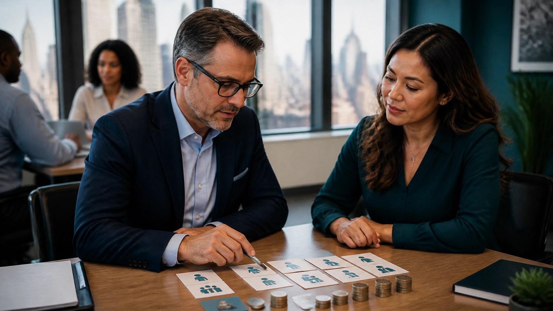New York business owner and insurance advisor mapping employee-only and dependent coverage contributions