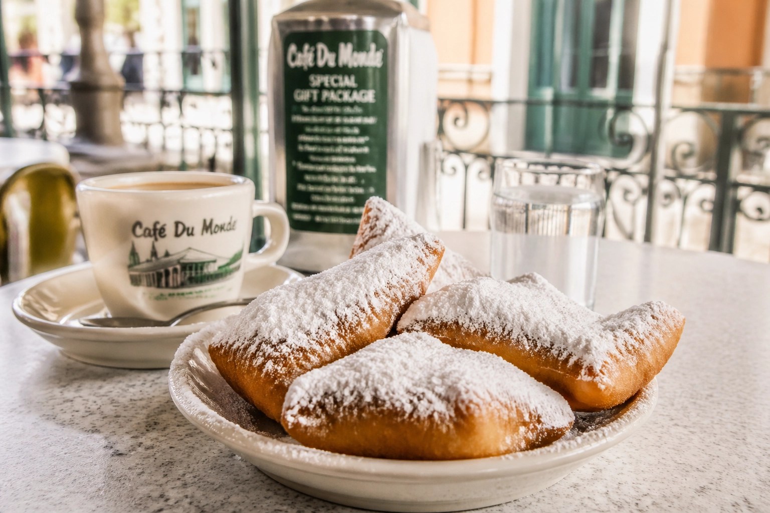 Fresh New Orleans beignets dusted with powdered sugar on a café table.