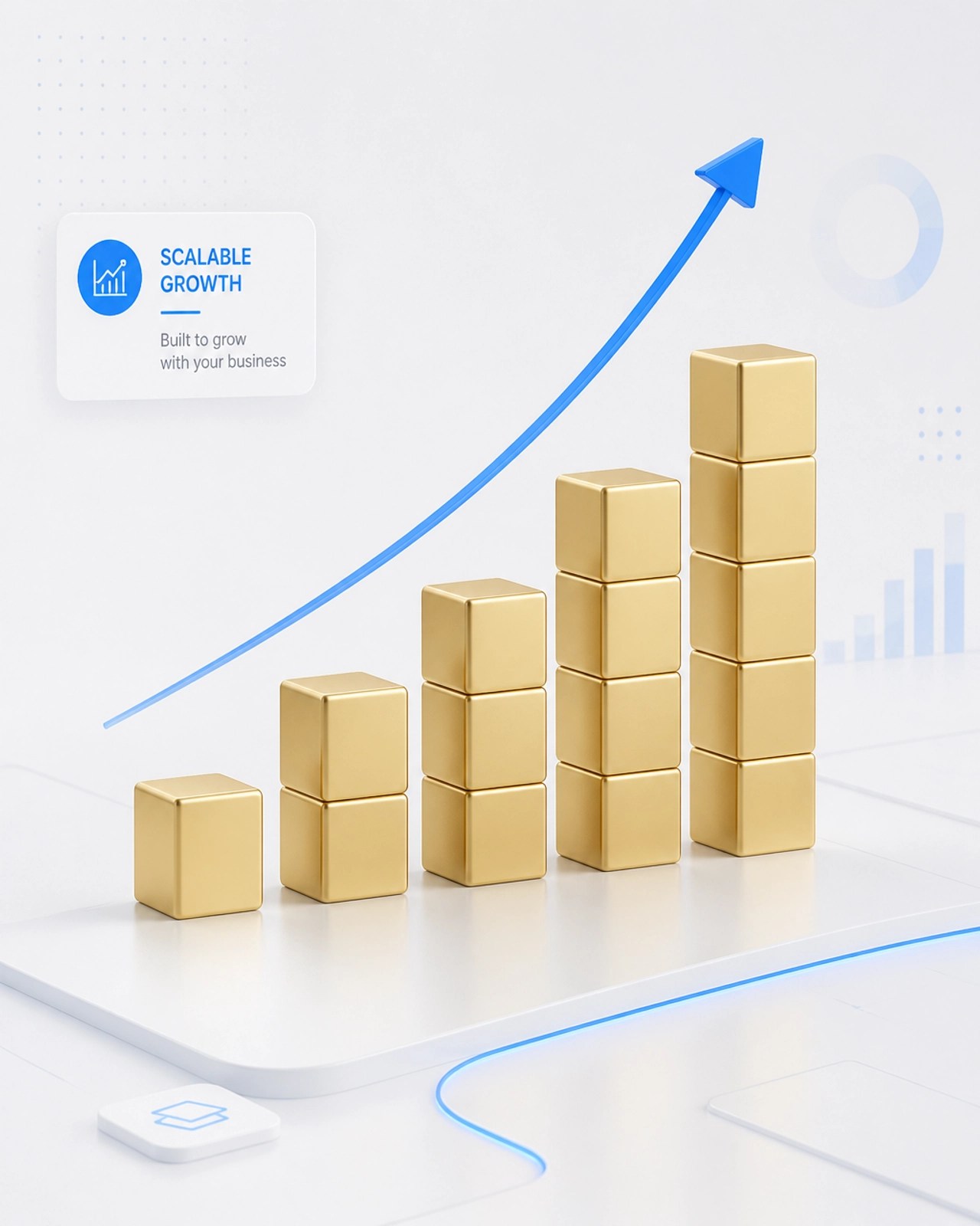 A 3D illustration of golden building blocks growing upwards, representing the scalability and growth potential of custom web development.