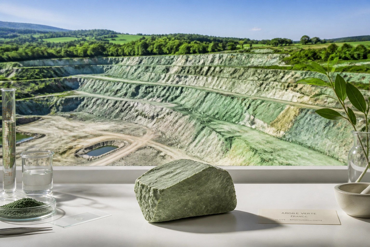 A sun-drenched French green clay quarry highlighting the natural mineral source of healing clay.