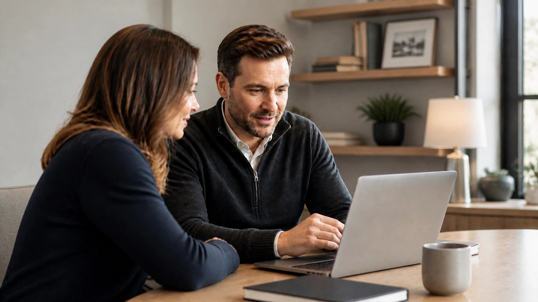 Business owner reviewing a LinkedIn About section and featured content during a coaching session
