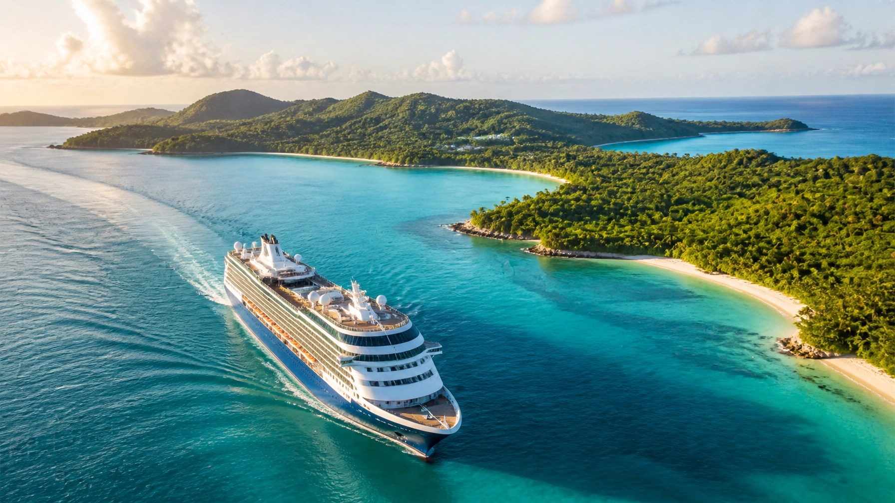Modern cruise ship approaching a turquoise Caribbean island harbor